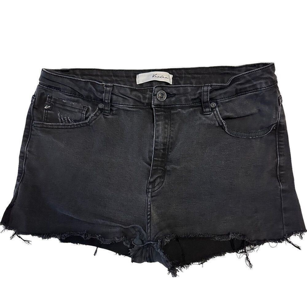 Kancan High Rise Raw Hem Denim Shorts 31 Black Stretch Casual‎